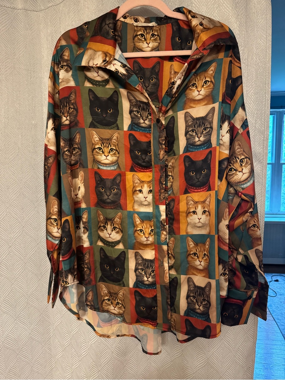 Multi-Color Cat Print Button-Up Shirt